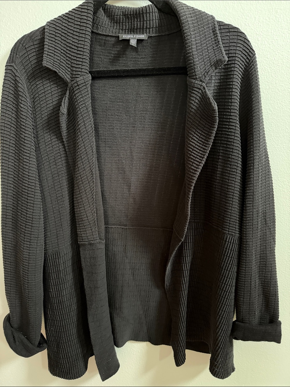 Eileen Fisher Black Ribbed Open-Front Cardigan